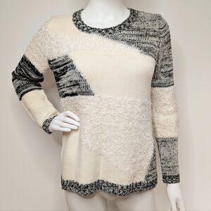 Black & Cream Patchwork Knit Crew Neck Fuzzy Sweater